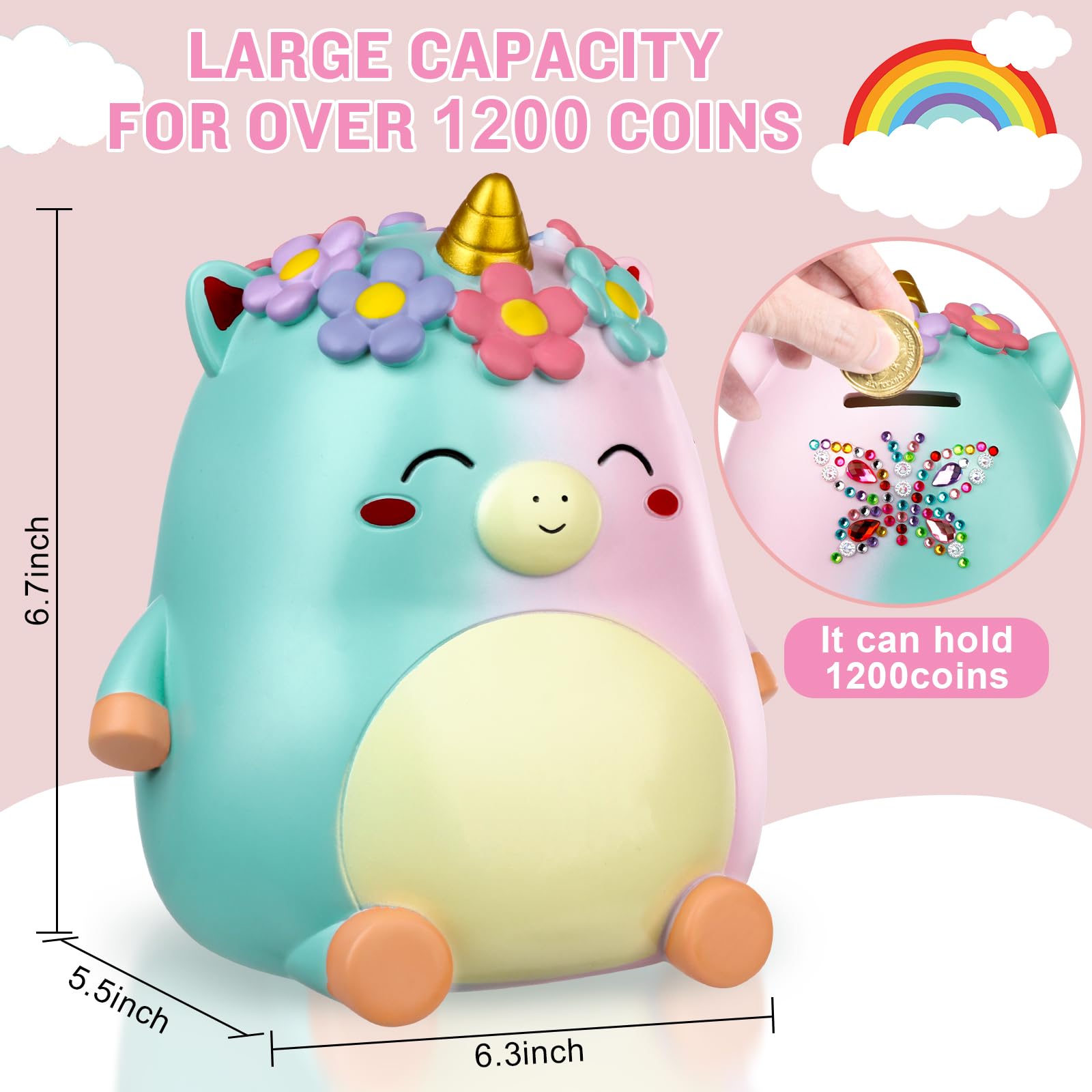 Unicorn Piggy Bank Girls – Cute Rainbow Kids Piggy Bank for Girls, Personalized Unbreakable Resin Coin Money Bank for Kids with Stickers for Toddlers… (Rainbow)