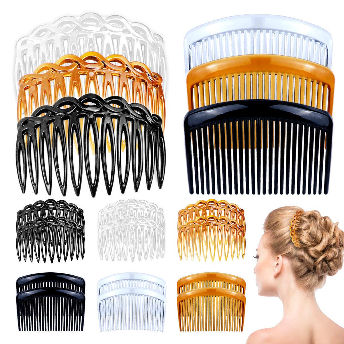 Photo 1 of 18 Piece Twist Comb Set - Plastic Side Hair Clips With 11/25 Teeth for Multiple Hairstyles, Girls and Women Hair Accessories (Black, Transparent, Brown)