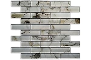 Artemuro Upgraded 5-Sheets Brown Carrara Stone Look 100% Glass Tile, Backsplash for Kitchen Wall, Back Splash for Home Decor, Ideal for Bathroom Shower Tile