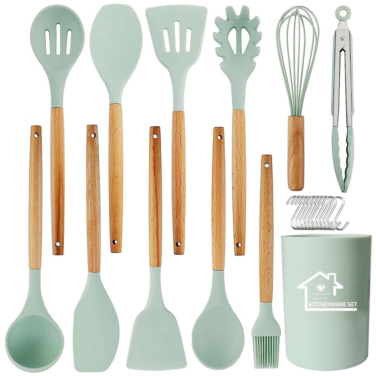 UXIYI Silicone Kitchen Utensils Set, 13Pcs Cooking Utensils Set, Silicone Utensils Set, Kitchen Accessories for Nonstick Utensil Set, Kitchen Tools & Gadgets,Light Green