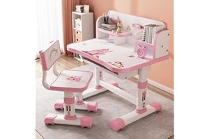 HOVTOIL Desk for Kids, Pink Kids Desk and Chair Set Adjustable Height with Drawers and Storage, Cartoon Pattern Kids Desk for Girls, Curved Desktop School Study Desk for Kids