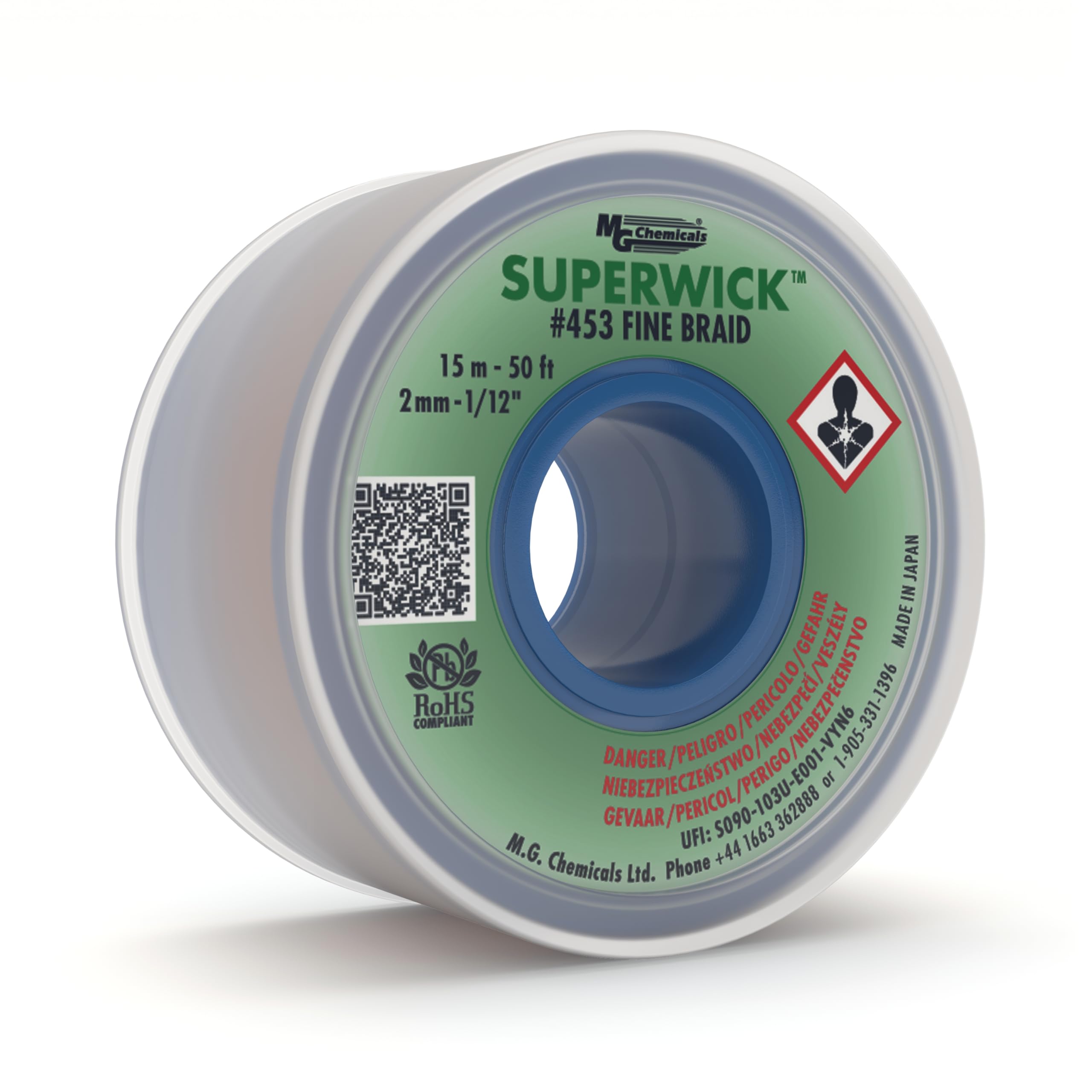 MG Chemicals Desoldering Braid #3 Fine Braid Super Wick with RMA Flux, 50' Length x 0.075" Width, Green