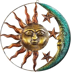 Metal Wall Art Decoration, Deck Decorations Outdoor, Metal Sun Wall Art Decor Hanging, Creative Sun Moon Statue Hanging Ornaments Decor for Home Living Room Garden-Jiangshen