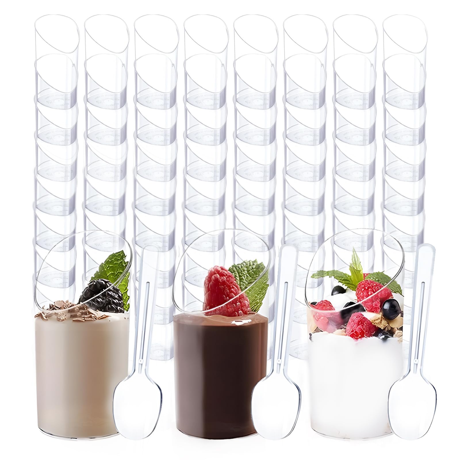 Photo 1 of Merkaunis 100 Pack 2.7 Oz Pack Mini Dessert Cup with Spoons Small Plastic Dessert Cups Clear Parfait Appetizer Slanted Round Cups for Ice Cream Appetizer Mousse Pudding