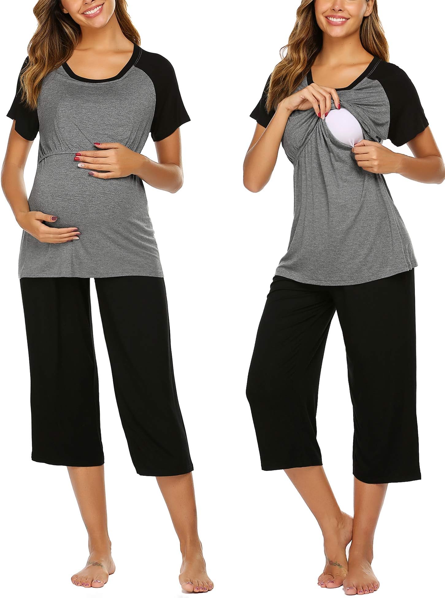 Double Layers Labor/Delivery/Nursing Maternity Pajamas Capri Set Baseball Shirt,Adjustable Size