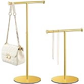 niffgaff 2 Pack T Bar Purse Display Stand Tabletop: Adjustable Height Handbag Holder, Countertop Hanging Rack for Long Necklace Scarf Lanyard, Gold
