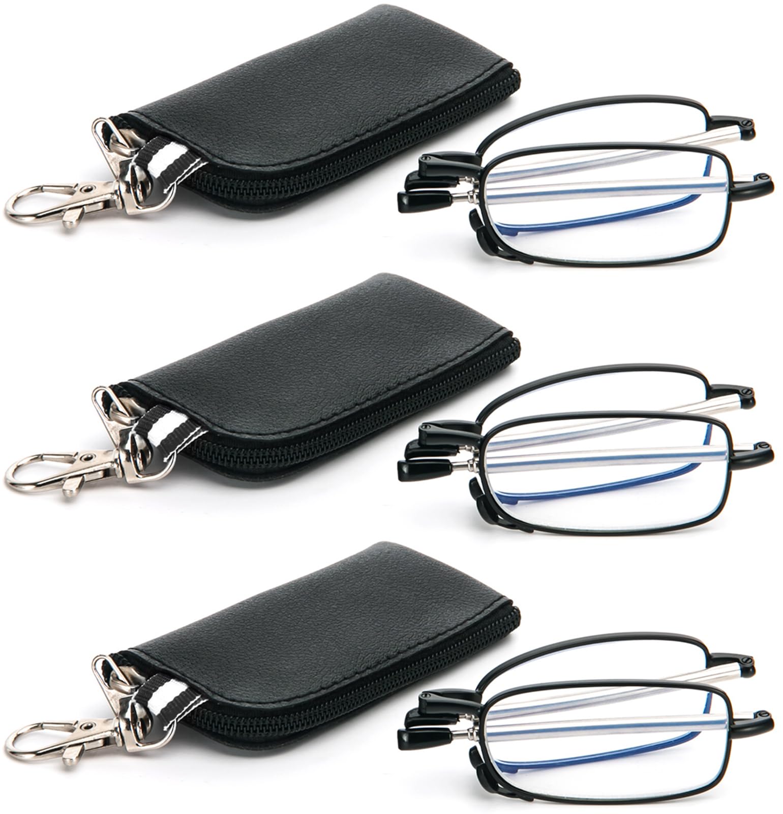 Photo 1 of REAVEE 3 Pack Folding Reading Glasses with Keychain Compact Bags Women Men Blue Light Blocking Spring Hinge Portable Pocket Readers,Black 0.75