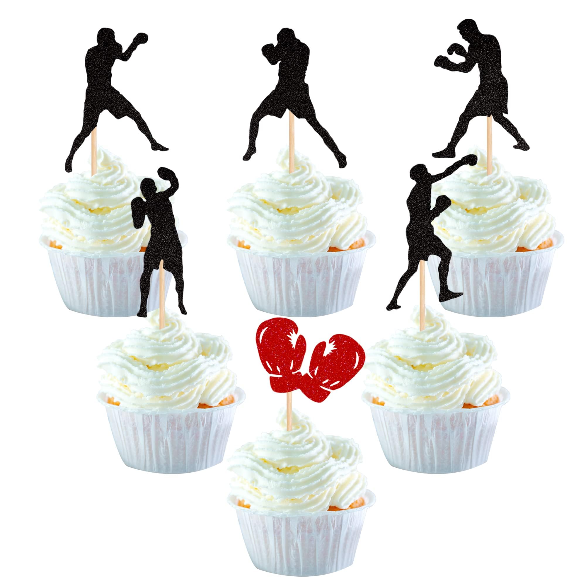 SYKYCTCY 36 Pack Boxing Player Cupcake Toppers Glitter Boxing Gloves Cupcake Picks Boxer Gym Theme Baby Shower Birthday Party Cake Decorations Supplies