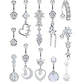 Vsnnsns 14G Dangle Belly Button Ring Piercing Jewelry 316L Stainless Surgical Steel Heart Flower CZ Reverse Navel Rings Dangling Belly Button Ring Piercing Jewelry for Women 14 Gauge Hypoallergenic