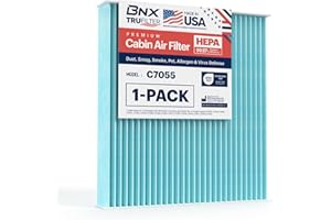 BNX TruFilter C7055 Cabin Air Filter, HEPA 99.97%, MADE IN USA, Compatible With Toyota Camry, Corolla, Highlander, RAV4, Tundra, Prius, 4Runner; Subaru Outback, Legacy; Lexus RX, GS, GX, IS, LS, ES