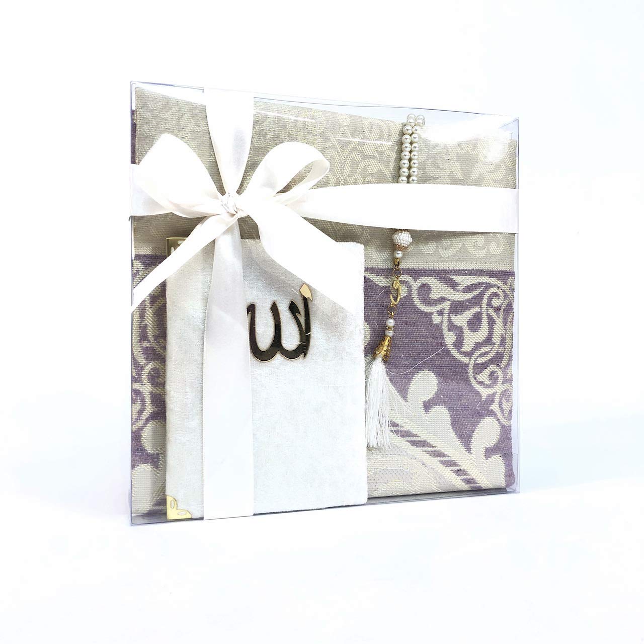 Tekbir Islamic Gift box contains a Prayer Mat, Surah book, and tasbeeh beads, suitable as an Eid gift or gift for all occasions order now (Lilac Creme)