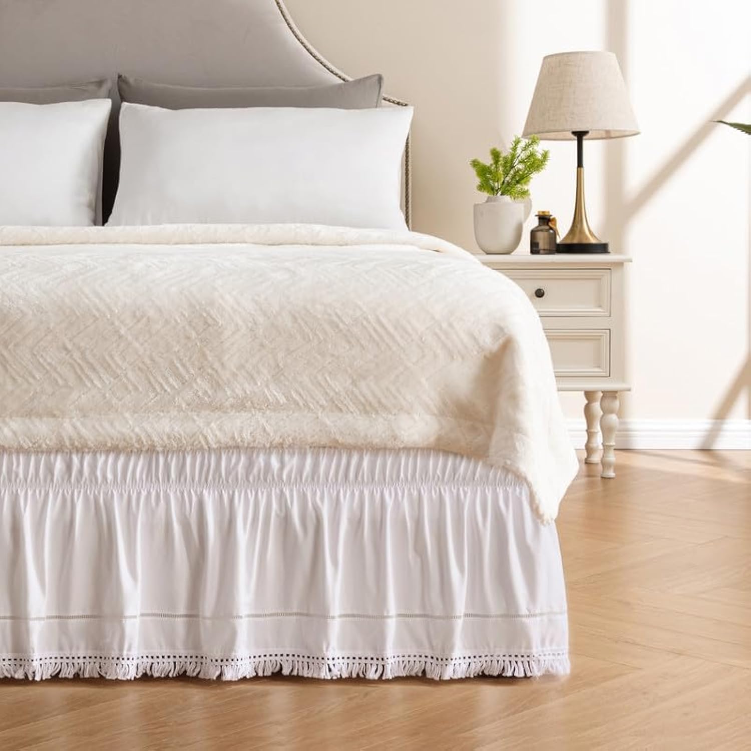 Photo 1 of MIYE Wrap Around Ruffled Lace Bed Skirt, Elastic Dust Ruffle with Adjustable Belts, Easy to Put On, Bed Frame Cover, Machine Washable (Tassel Ruffle/White, King/Queen-18 Drop)