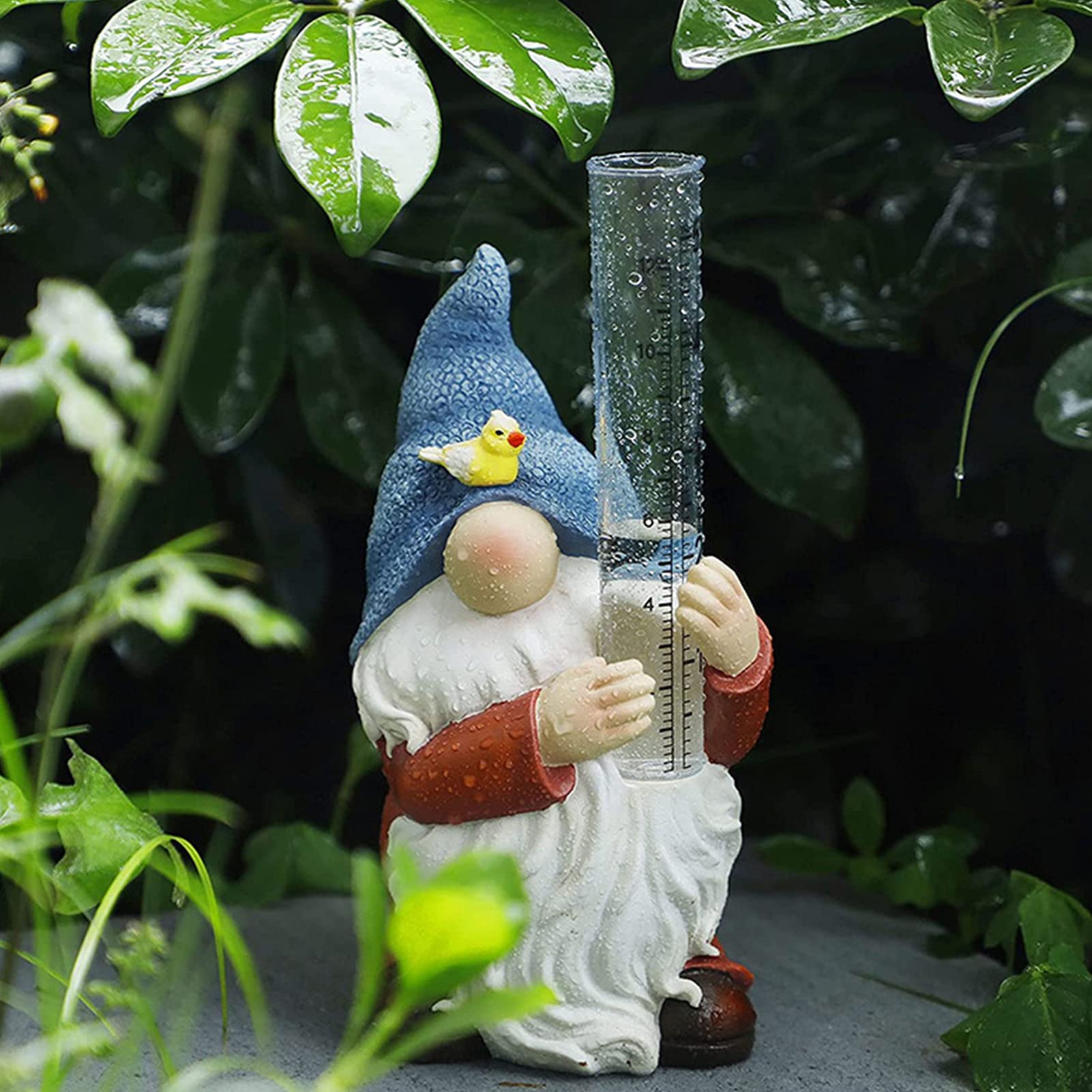 Tuzsocr Resin Gnome Outdoor Decorative Rain Gauge Cute Rain Gauge Gauge Hand Painted Gnome Sculpture with Plastic Rainwater Gauge for Patio Lawn