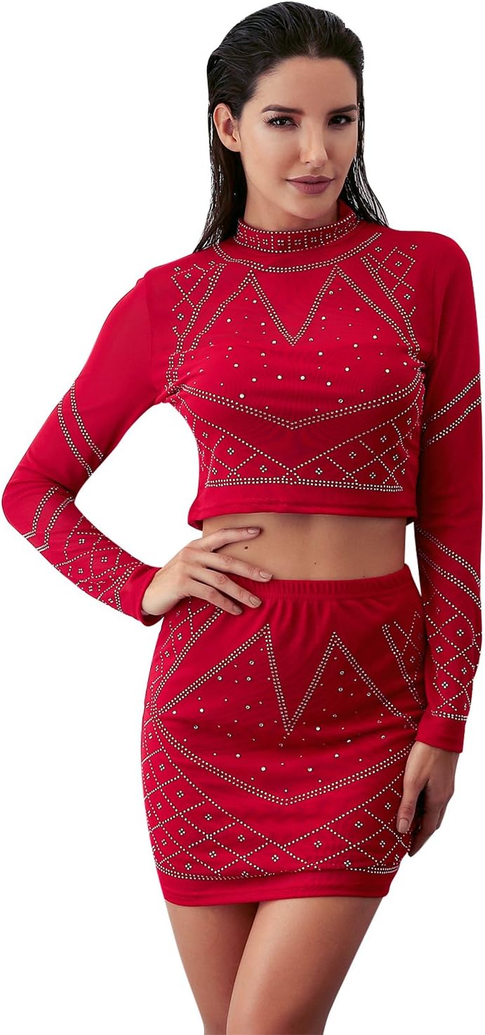 Glamaker Women's 2 Piece Rhinestone Mesh Dress Set Sleeve Mini Bodycon Outfit Dress