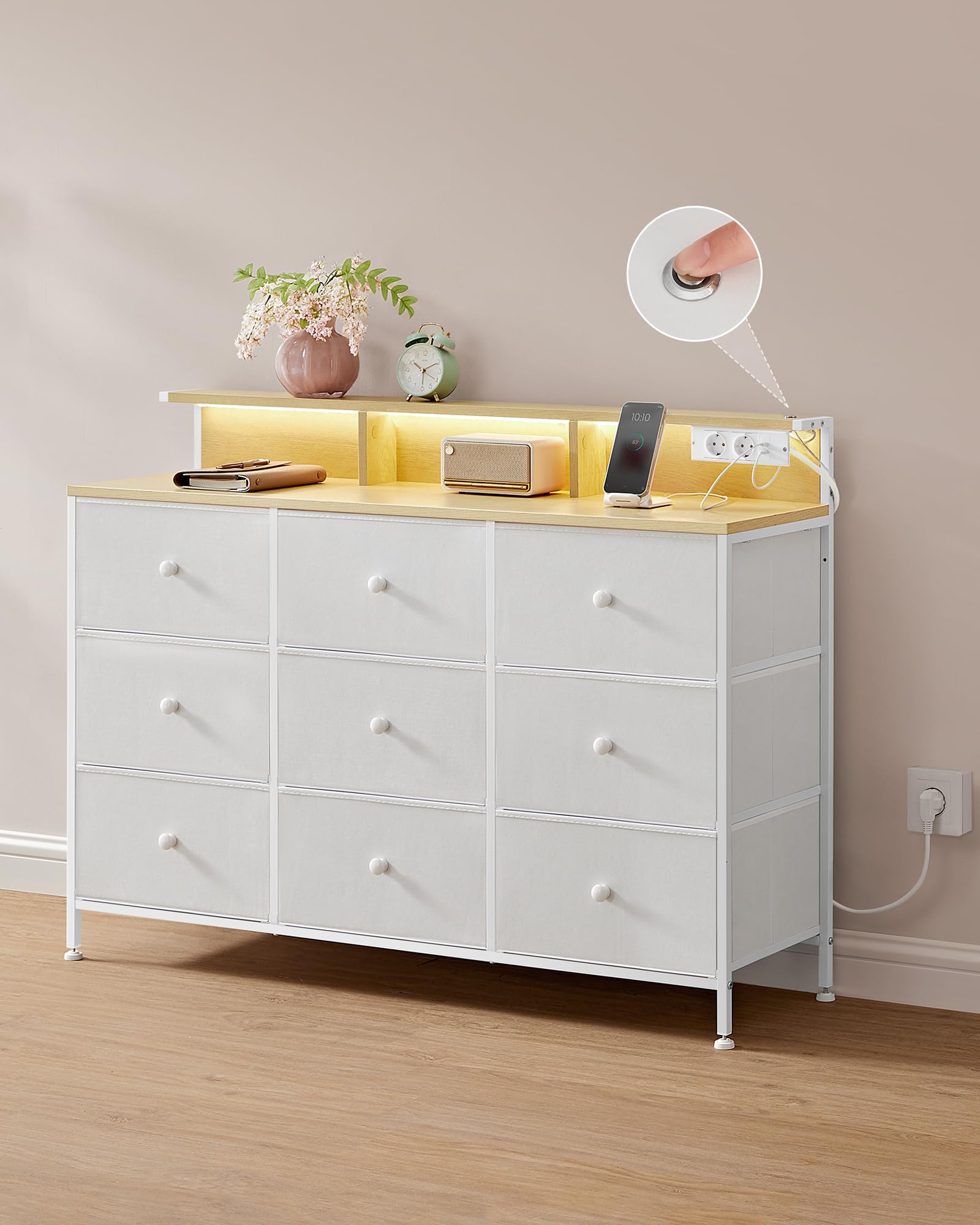 SONGMICS Kommode, Aufbewahrungsschrank mit 9 Schubladen und LED-Beleuchtung, Steckdosenleiste, Stahlrahmen, 33,5 x 114 x 84 cm, für Schlafzimmer, Wohnzimmer, wolkenweiß LTS519W02 2