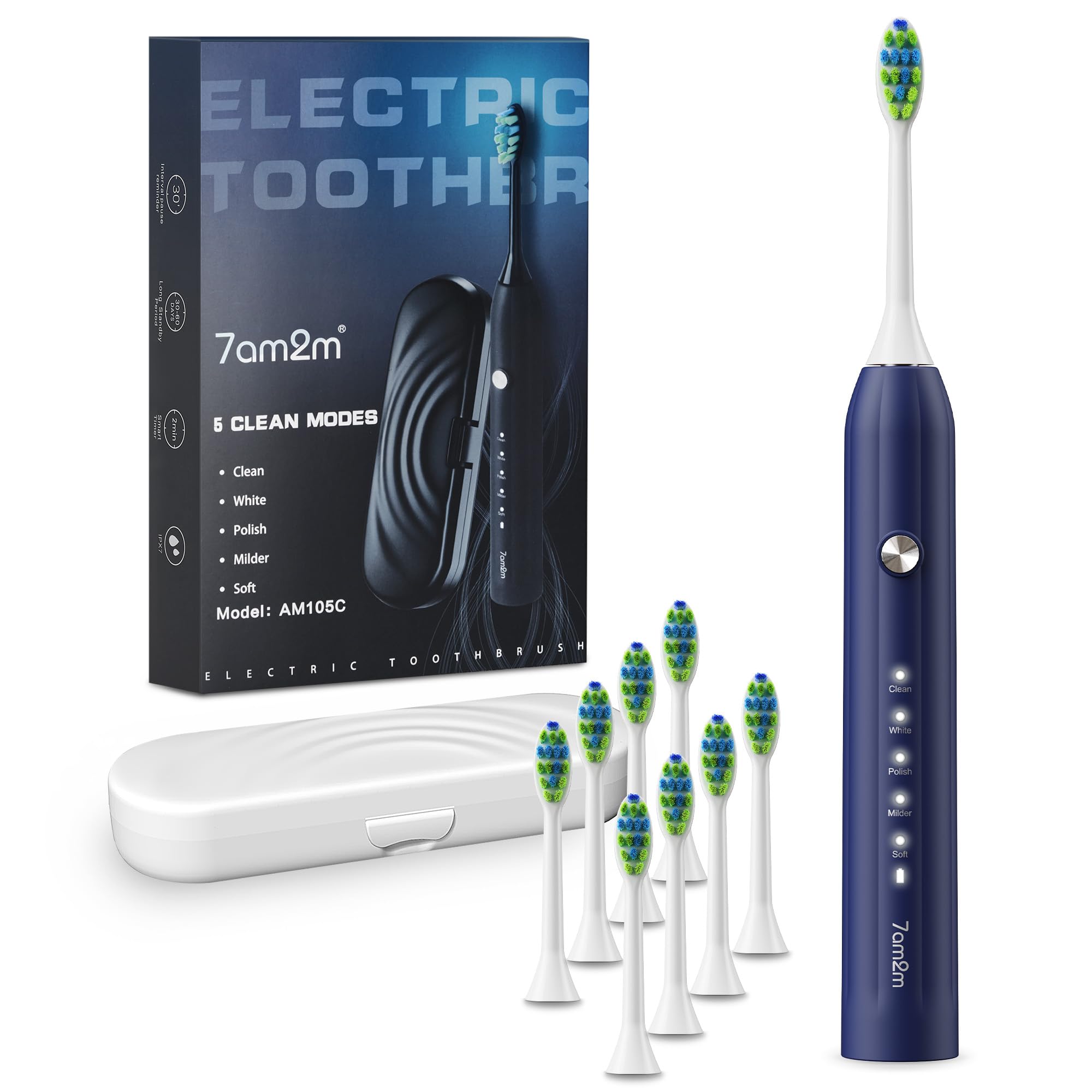 7AM2M Sonic Electric Toothbrush for Adults and Kids, with 8 Brush Heads and Travel Case,5 Modes with 2 Minutes Built in Smart Timer, One Charge Use for 90 Days, Rechargeable Toothbrushes (Navy Blue)