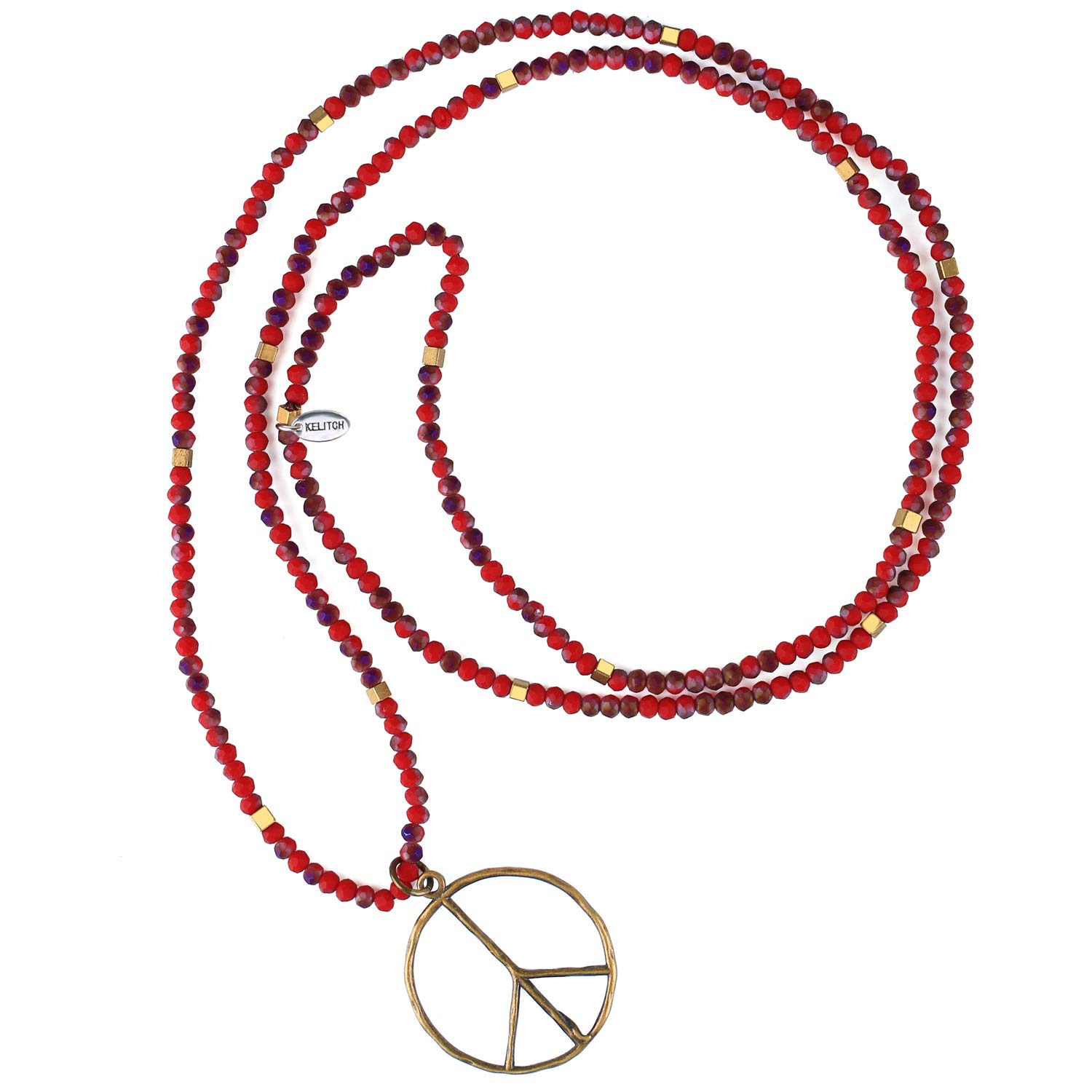 KELITCH Classic Peace Pendant Necklace Love Hippie Frosted Crystal Beaded Necklaces (Deep Red) — image 1