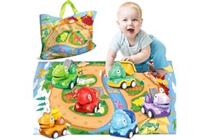TCVENTS Baby Dinosaur Car Toys for 1 2 3 Years Old Boys Girls, 6 Pack Construction Trucks for Toddlers 1-3 with Playmat/Storage Bag|Baby Toys 12-18 Months | 1 2 Year Old Boy Birthday Gift for Infant