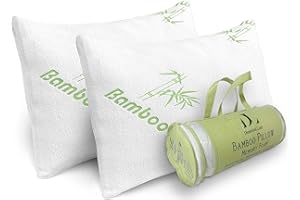 DREAMFIELD LINEN Bamboo Pillows Queen Size Set of 2 [Adjustable] Shredded Memory Foam for Sleeping - Ultra Soft Cool & Breathable Zippered Cover - Relieves Neck Pain, Snoring Helps w/Asthma - Back/Stomach/Side Sleeper