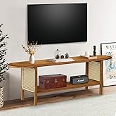 Mordchil HF Bamboo TV Stand for TVs up to 65", Accent Entertainment Center with Storage, Media Console Table with Rattan, Modern TV Stand for Living Room, Bedroom, 55"(L), Walnut