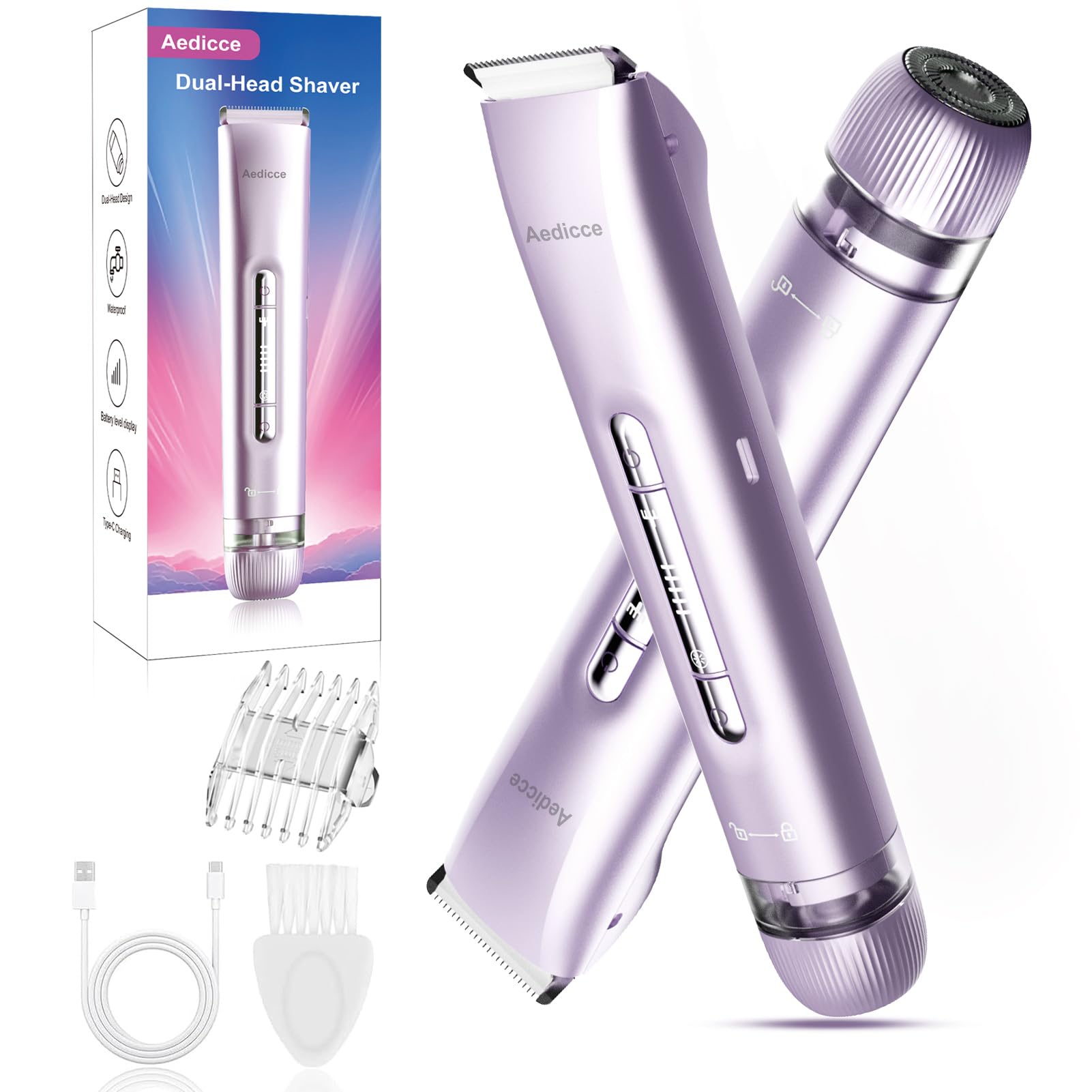Photo 1 of Bikini Trimmer for Women 2 in 1, Dual Head Womens Electric Shaver, Electric Razors for Pubic Hair, IPX7 Waterproof Rechargeable Facial Hair Removal for Shaving Underarm Leg Arm Body Face, Purple