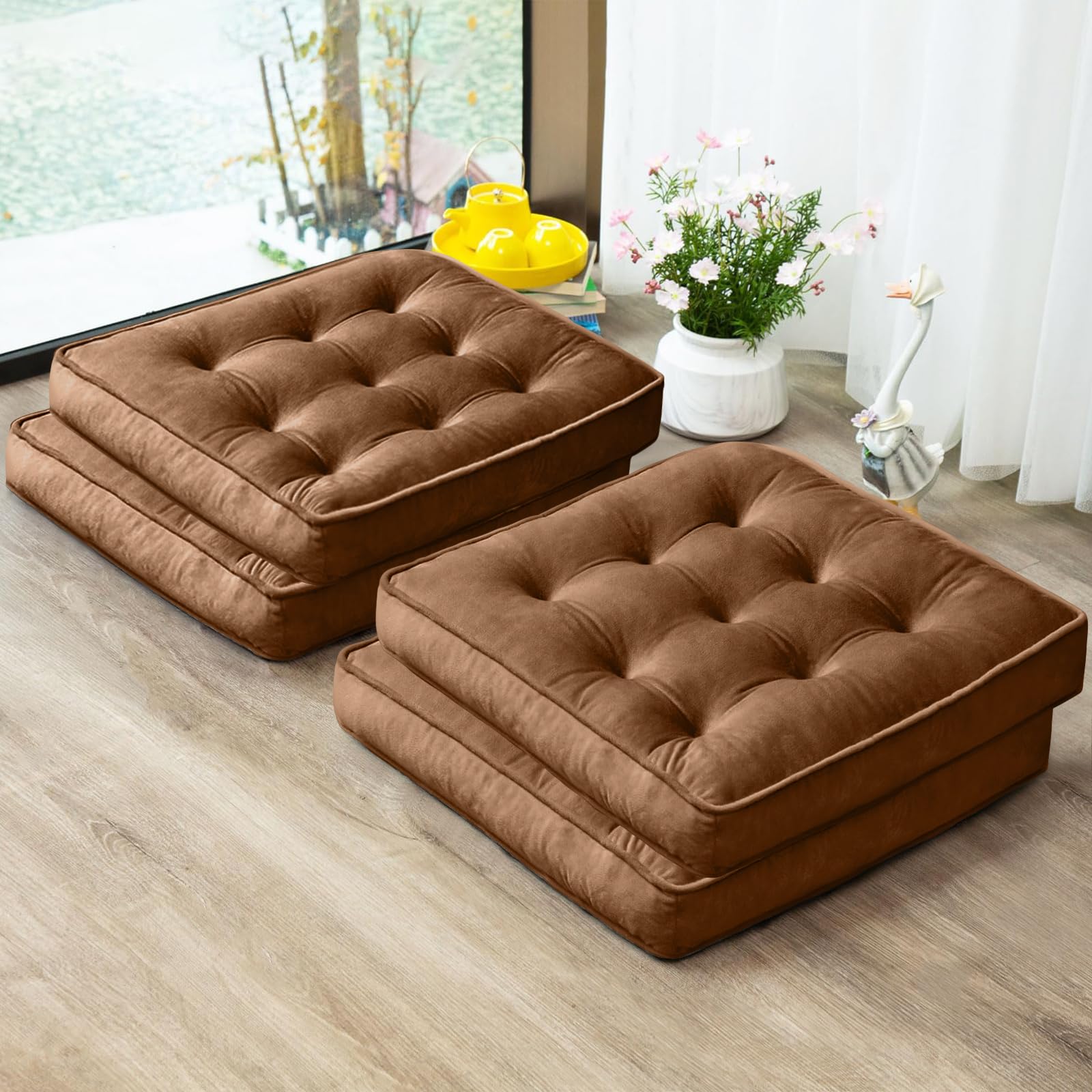 Photo 1 of 1 MIDDLE ONE Floor Pillow Set of 4, Memory Foam Meditation Cushion, Floor Cushions for Adults Sitting, Large Square Seat Cushions for Yoga, Living Room, 20x20 Inch (Brown)