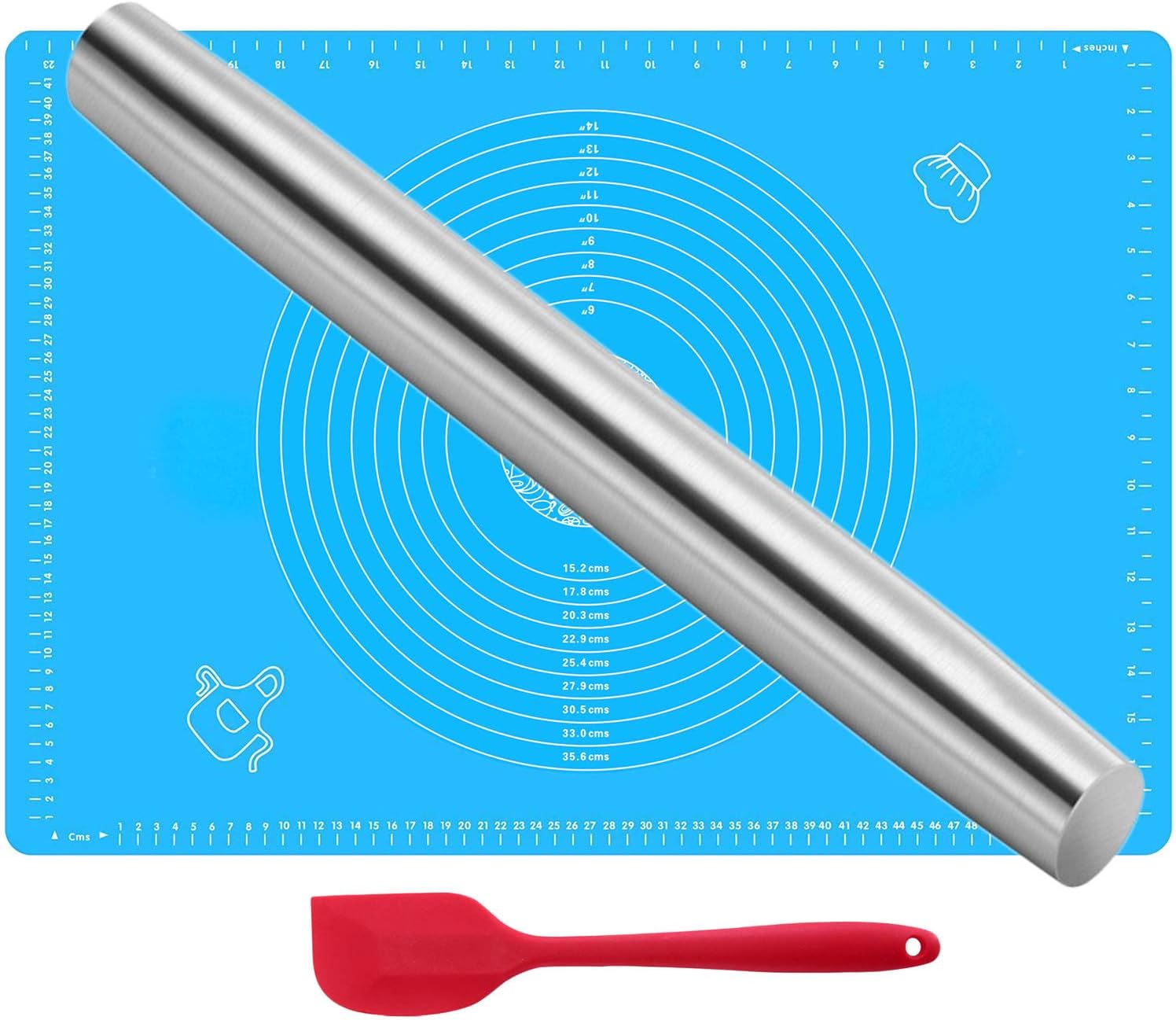 Tapered Stainless Steel Rolling Pin 16” Silicone Baking Mat liner 25"x18", Extra Large Thick Nonstick Silicone Pastry Mat Rolling Board Pad, Chapati Fondant Pie Pizza Kneading Mat Dough Roller Spatula