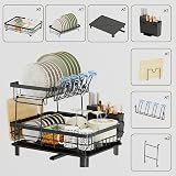 GHERISN 2 Tier Dish Drainer Rack with Drip Tray 360° Swivel Spout Black view 5