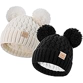 Toddler Winter Beanie Hat, Infant Winter Warm Knit Fleece Lined Cap for Girls Boys with Pom Pom for 0-36 Months 2 Packs