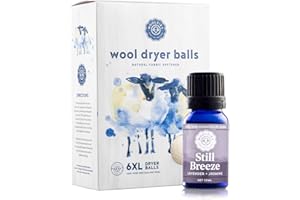 Woolzies Wool Dryer Balls Organic: 6 XL Laundry Balls for Dryer + 10 ml Still Breeze Essential Oil Combo for use as 100% Pure and Natural Fabric Softener | Best Scented Wool Balls Laundry