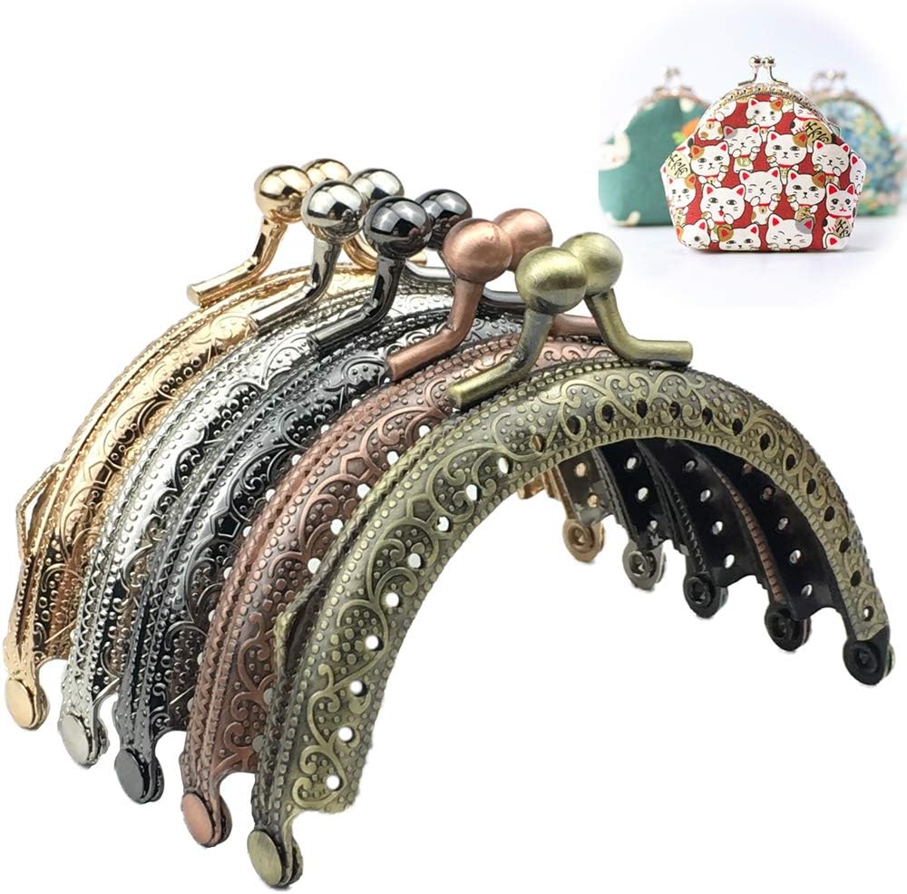 GuoFa 5pcs Metal Purse Frame Coin 3.3"/8.5cm Half Round Bead Embossed Bag Kiss Clasp Lock DIY Craft Assorted Frames Purse for Women Girls 5 Colors