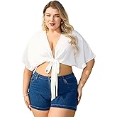 MakeMeChic Women's Plus Size Tie Front Tops Crop Puff Sleeve Deep V Neck Crop Blouse Top