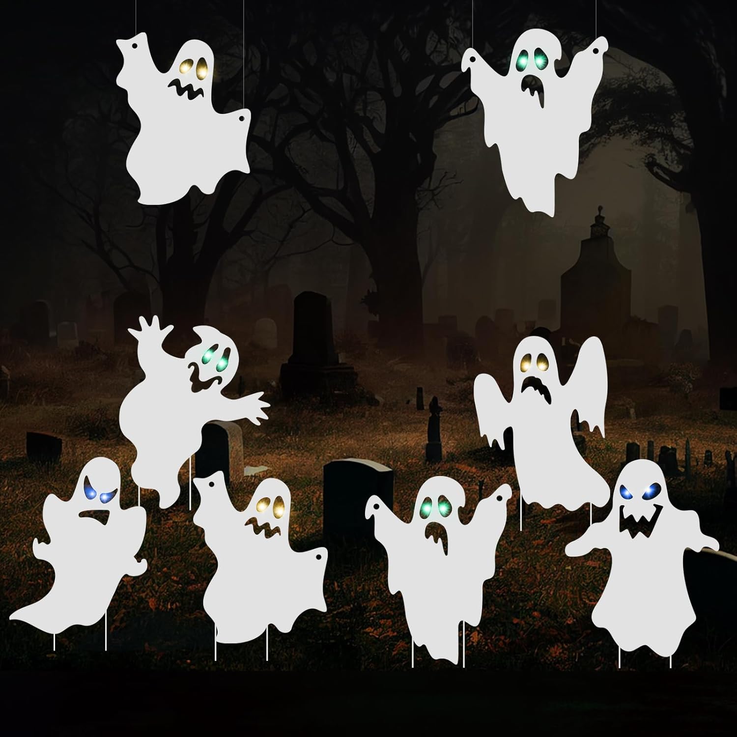 Yard Signs - Outdoor Halloween Decorations Signs - 6pcs Ghost Decor Halloween Yard Signs with Stakes LED Light Up Eyes for Garden Yard Scary Halloween Decorations Outside