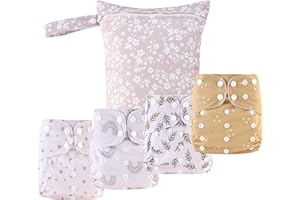 HAPPY FLUTE HappyFlute 9 Sets Newborn Baby Cloth Pocket Diapers One Size Adjustable Reusable for Baby Boys and Girls(6-33 pounds,0-3 Years),One Wet Bag+4Diapers and 4Inserts