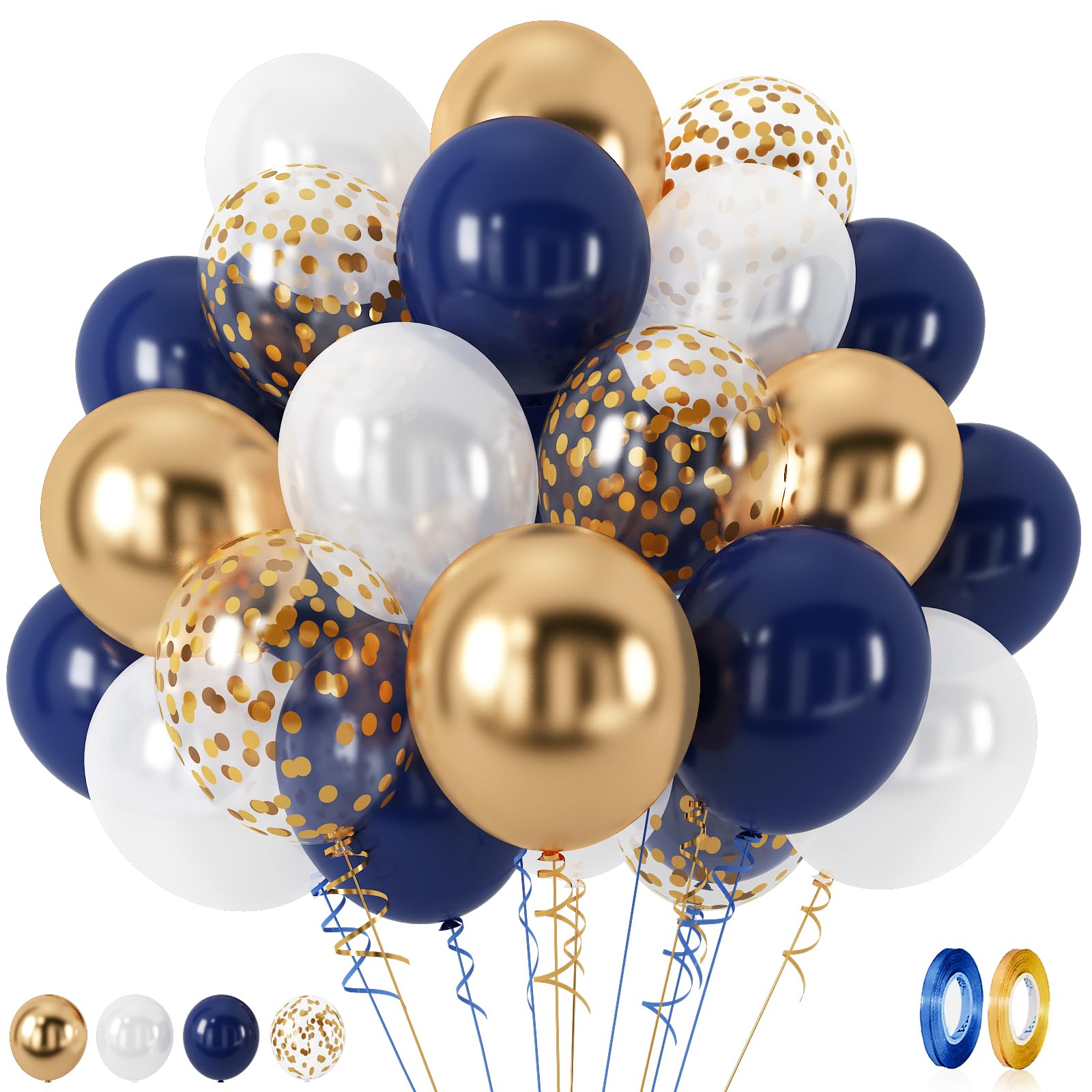 Navy Blue & Gold Balloons - 60 Piece Set with Pearl, White, Chrome & Metallic Latex Balloons for Boys, Men, Wedding, Birthday, Baby Shower & Graduation Parties