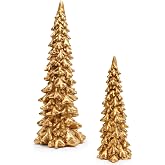 Lucky Merit 2pcs Gold Christmas Tree Figurines Tiered Resin Tabletop Decor | Dense Tiered Christmas Trees, Textured Gold Finish 2 Sizes Flat Bases Mantel Shelf Centerpiece Indoor Holiday Decorations Set