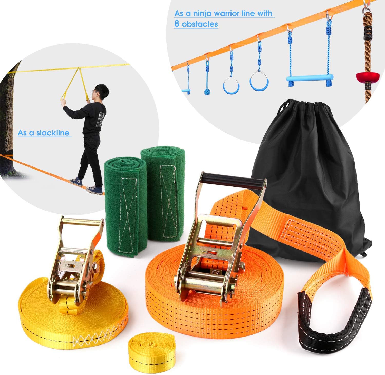 Odoland 50ft Ninja Slackline line with 8 Obstacle Course Setting, Outdoor Ninja Warrior Kit Training Equipment for Kids with Swing Rings Monkey Bars Ninja Knot and Climb Rope for Tree and Backyard: Kitchen & Dining