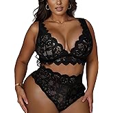 JuicyRose Women Plus Size 2 Piece Lingerie Sexy Floral Lace Scallop Trim Bralette and High Waist Panty Set