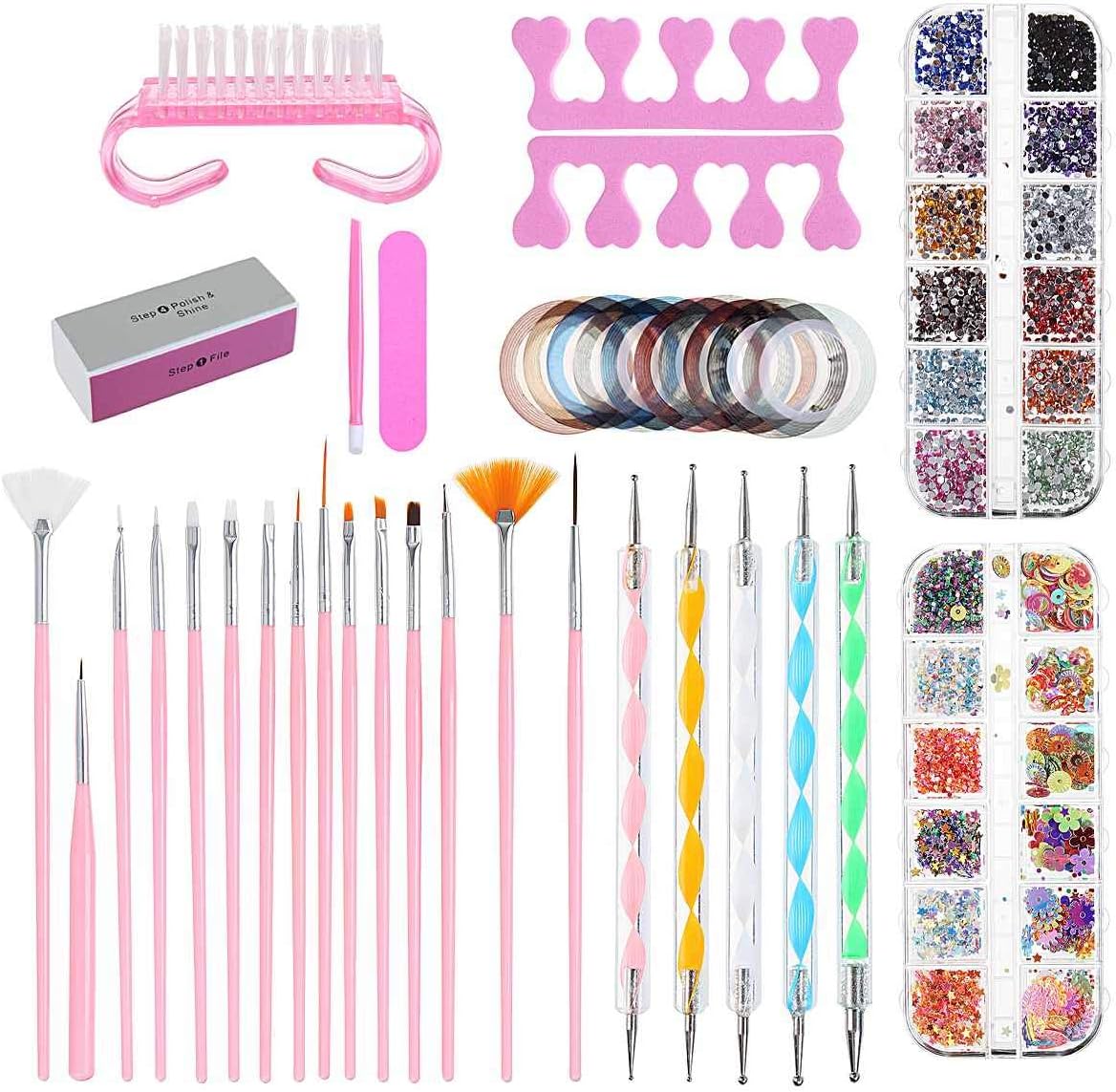 CHDHALTD 38Pcs/Set Nail Art Tools Set,DIY Nail Art Design Painting Dotting Detailing Pen Brushes Bundle Tool Kit Set,Crystal Rhinestone Nail Striping Tape Manicure Tools Kit