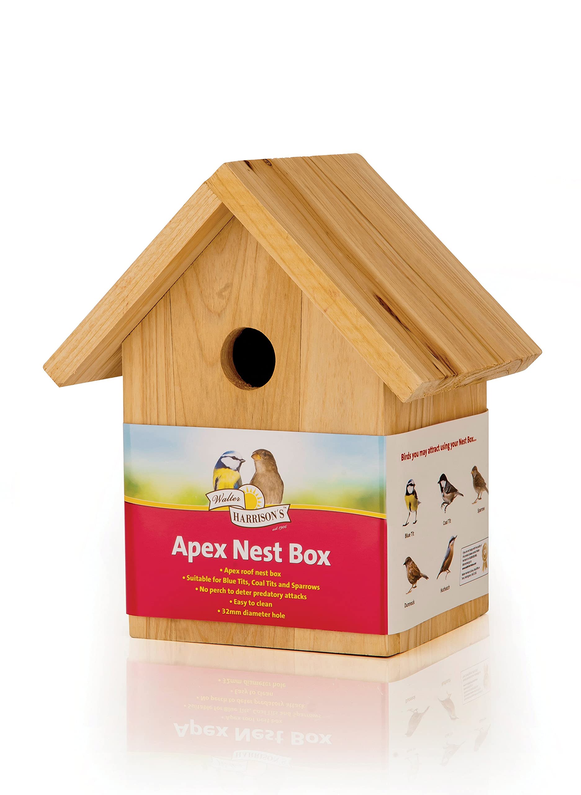 Walter Harrison's Wooden Apex Wild Bird House Garden Nest Box 32mm Hole
