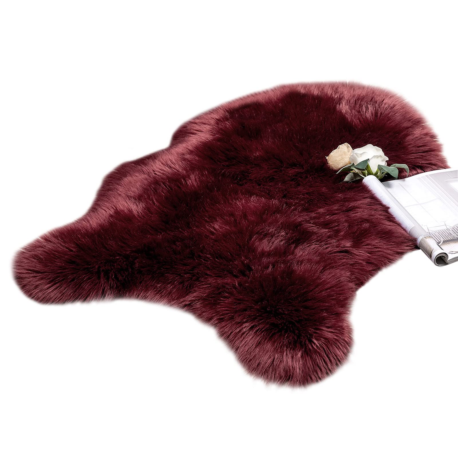 MIULEE Faux Fur Area Rugs Sheepskin Fluffy Mat Fleece Chair Cover Seat Pad Soft Shaggy Area Mat for Bedroom Sofa Floor 60 x 90 cm Irregular Shape Burgundy Red