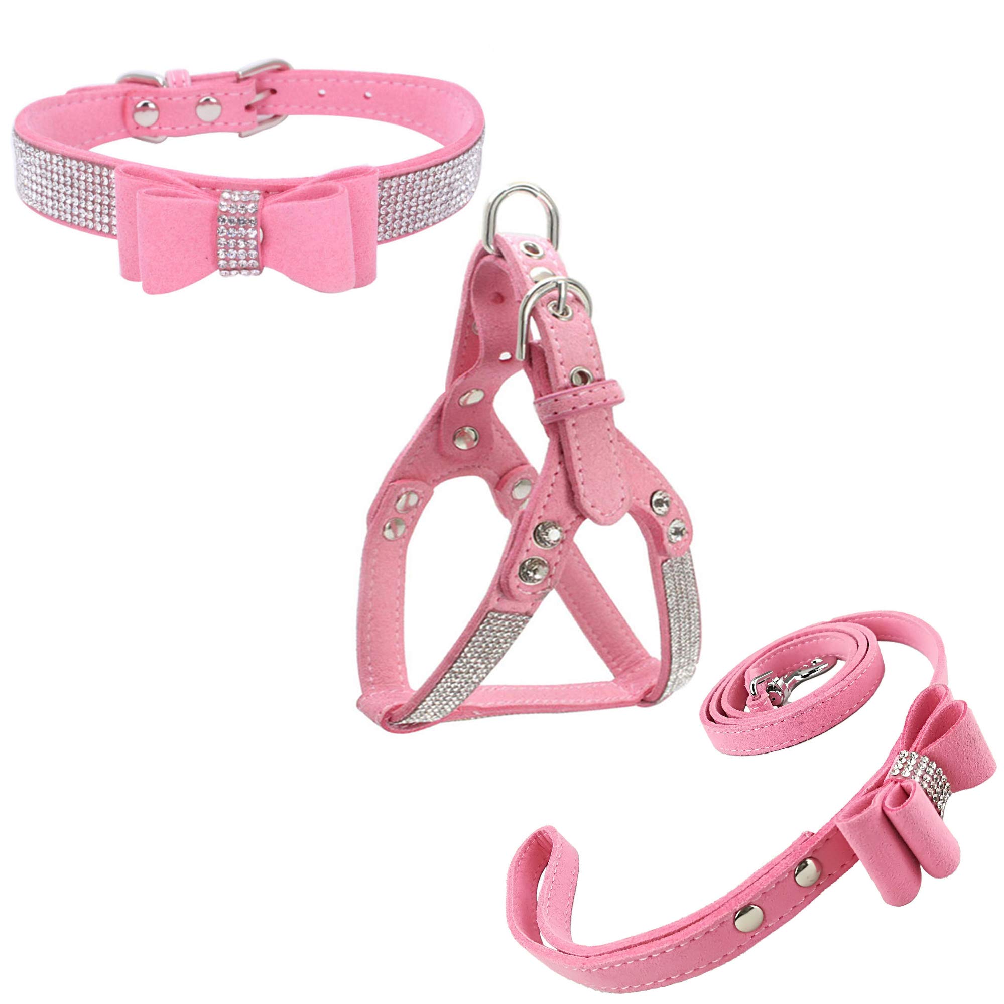 Newtensina Bowtie Dog Collar & Harness & Lead Sets Comfortable Soft Puppy Collar Diamante with Harness and Leashes Set for Dog - Pink - XS