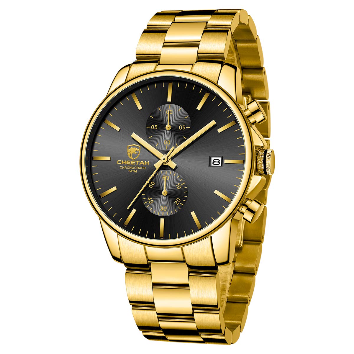 GOLDEN HOUR Men's Watches with Gold Stainless Steel Metal Strap Fashion Casual Waterproof Chronograph Quartz Watch, Auto Date in Black Dial