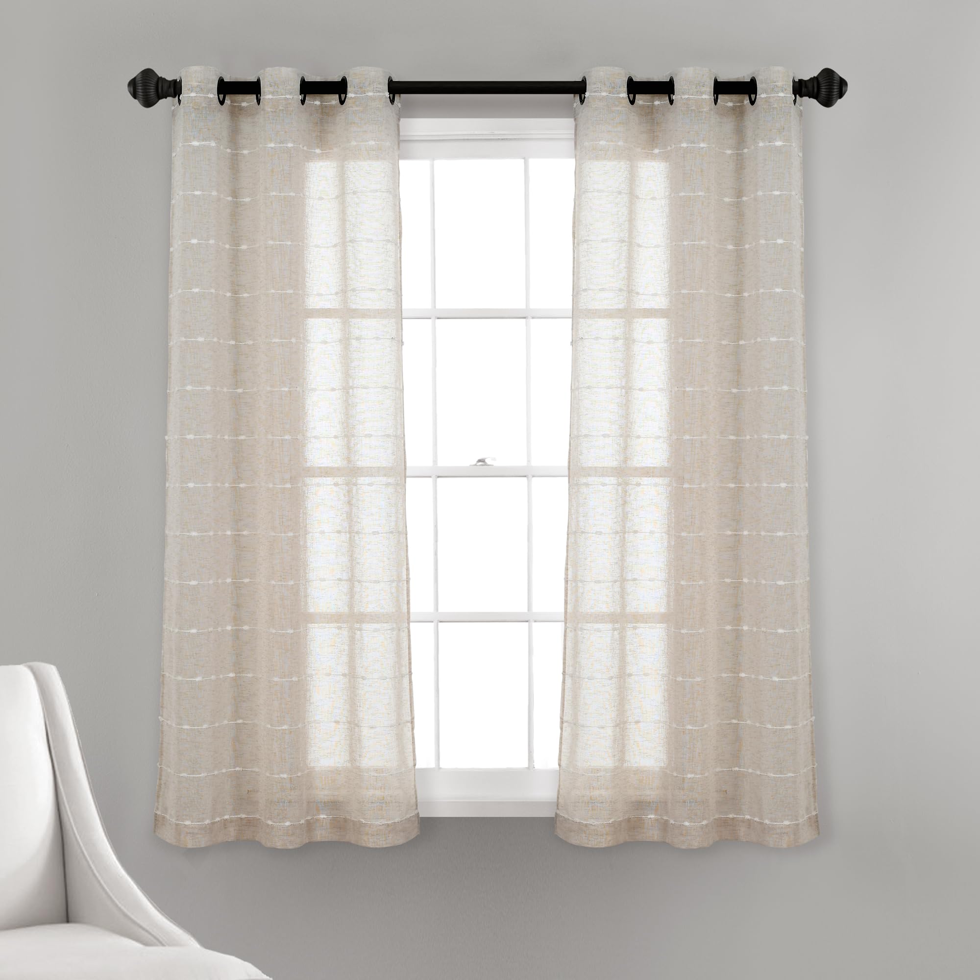 Lush Decor Farmhouse Textured Grommet Sheer Window Curtain Panel Pair, 63" L x 38" W, Beige