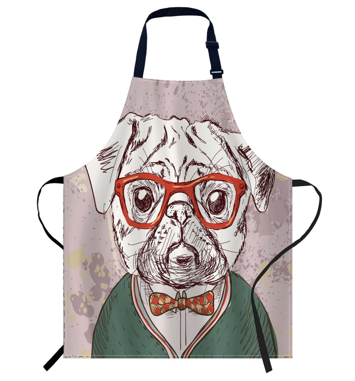 Smooffly Hipster Pug Dog Chefs Apron - Cooking & Baking Apron for Men & Women