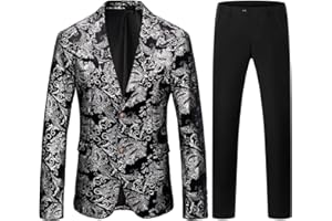 TRONSTORE ㅤ TRONSTORE Men's Velvet Suit Set Slim Fit 2 Piece Tuxedos Two Button Pattern Suit Jacket Pants Party Prom