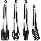 4 PCS Kitchen Tongs with Silicone Tips, 9 & 12-Inch Heat Resistant Silicone Tongs for Cooking Stainless Steel Spaghetti Tong Pasta Tong for Serving Food, Spaghetti, Pasta, BBQ, Salad (4PCS)