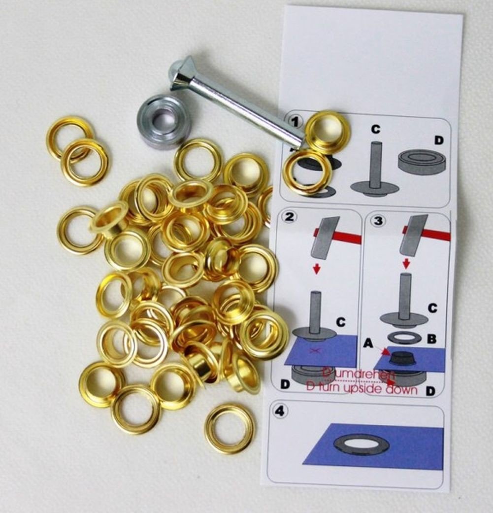 641373 Set of 10 Eyelets with Washers, 14 mm, Gold-Coloured, Includes Tool
