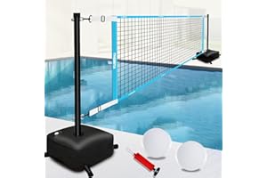KuiBonu Portable Pool Volleyball Net Set, 15ft-25ft Adjustable, Blue, High Density Polyethylene (HDPE) Net, 2 Water Volleyballs, Complete Accessories, Easy Assembly