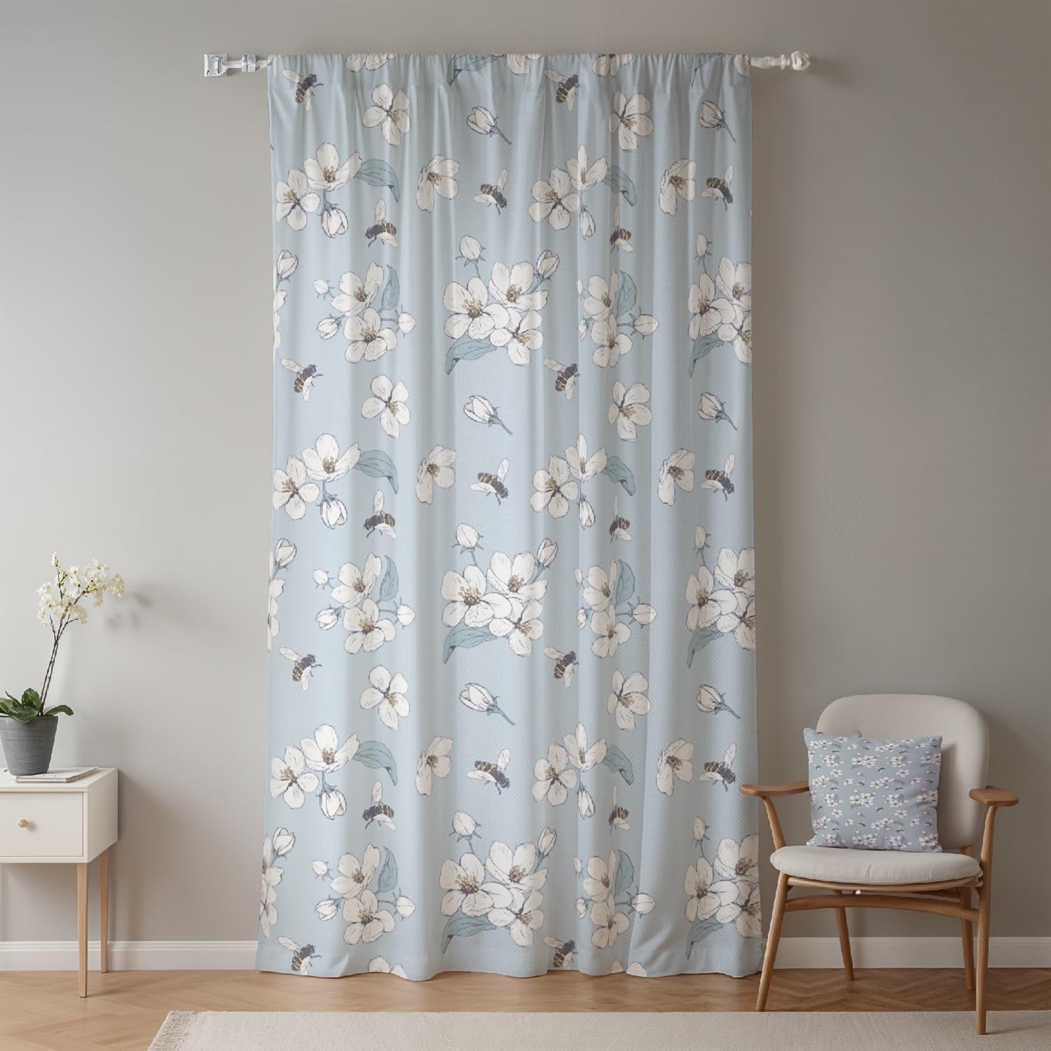 GGAIMWF Blue Floral Curtains - Nature Botanical Print Window Treatment Rod Pocket Curtains for Bedroom Garden Country Cottage - Tape Top 117x175cm 1 Panel